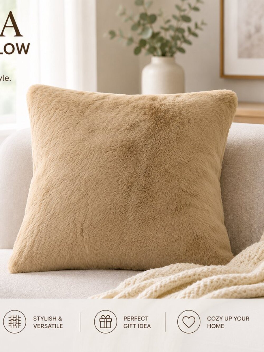 Sierra Tan Faux Fur Throw Pillow – Ultra Soft Plush Decorative Pillow for Sofa,
